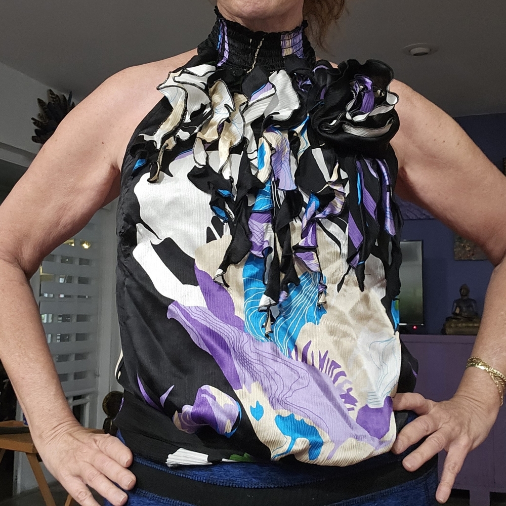 NWT Bebe Halter Black & Purple Top S.